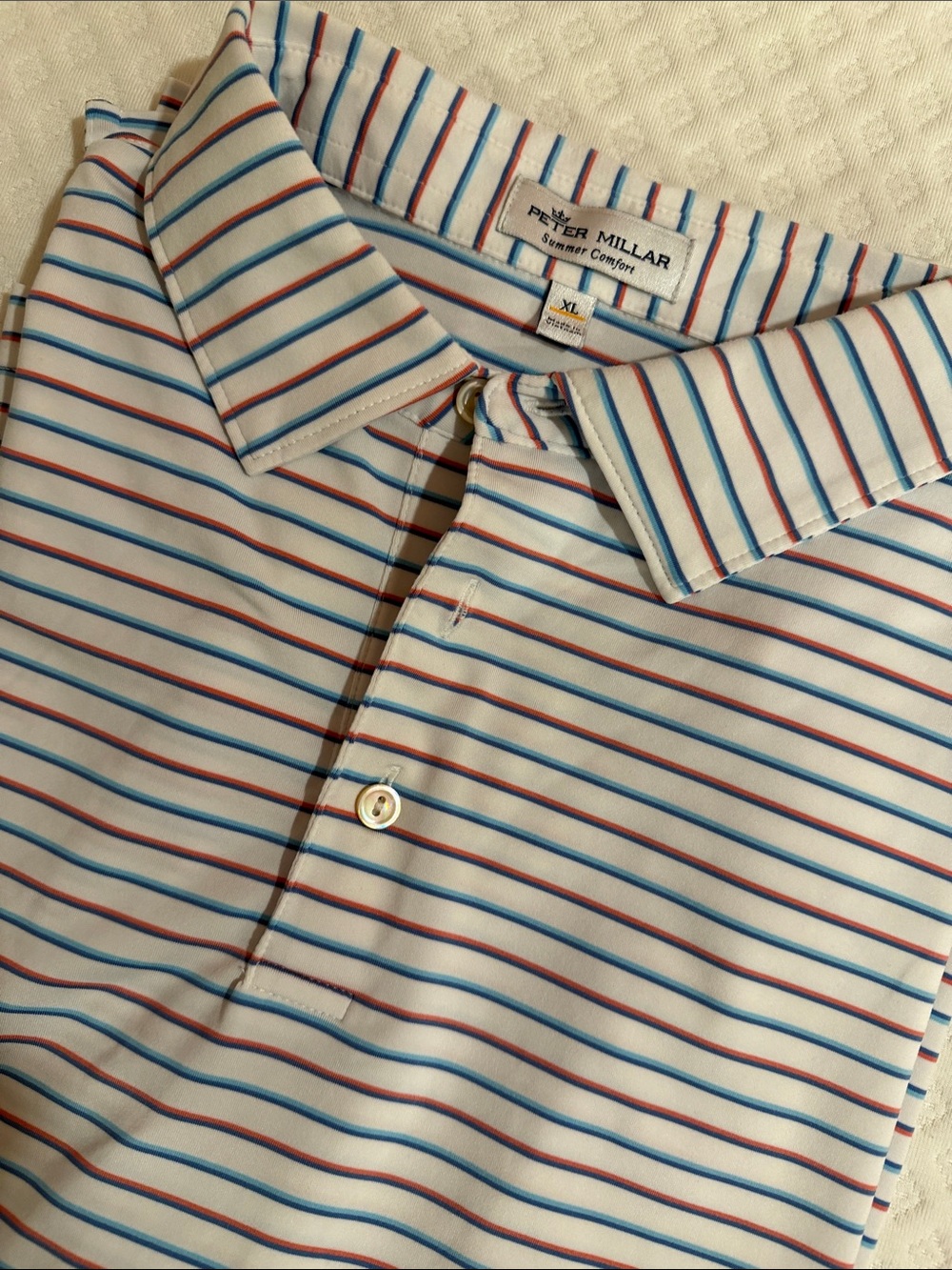 Peter Millar White Polo with Red and Navy Stripe Pattern - Picture 3 of 3